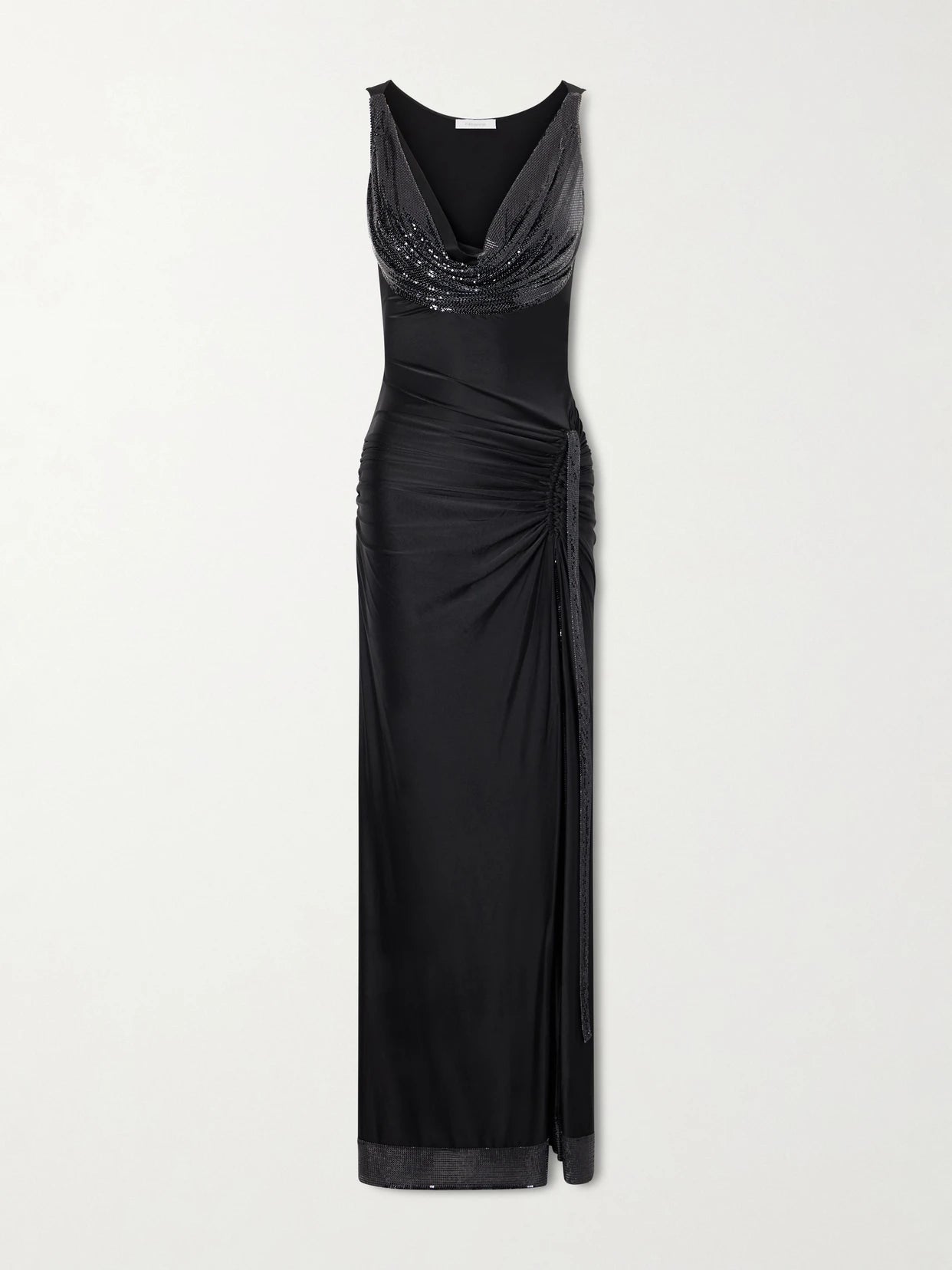 Image of Dresses. Product name - Mesh-detailed Jersey-satin Maxi Dress in Black colour by brand - RABANNE