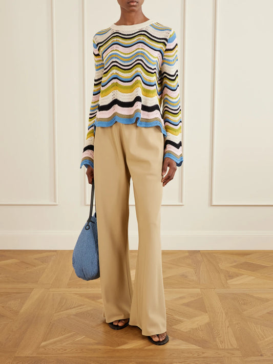 Image of a model wearing Tops. Product name - Scalloped Striped Crocheted Cotton T-shirt in Blue colour by brand - La DoubleJ