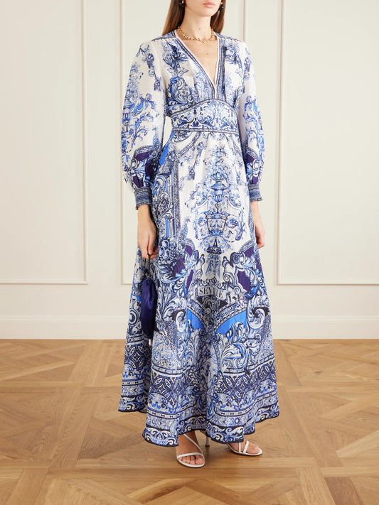 Image of Dresses. Product name - Crystal-embellished Printed Linen And Silk-blend Maxi Dress in Blue colour by brand - Camilla