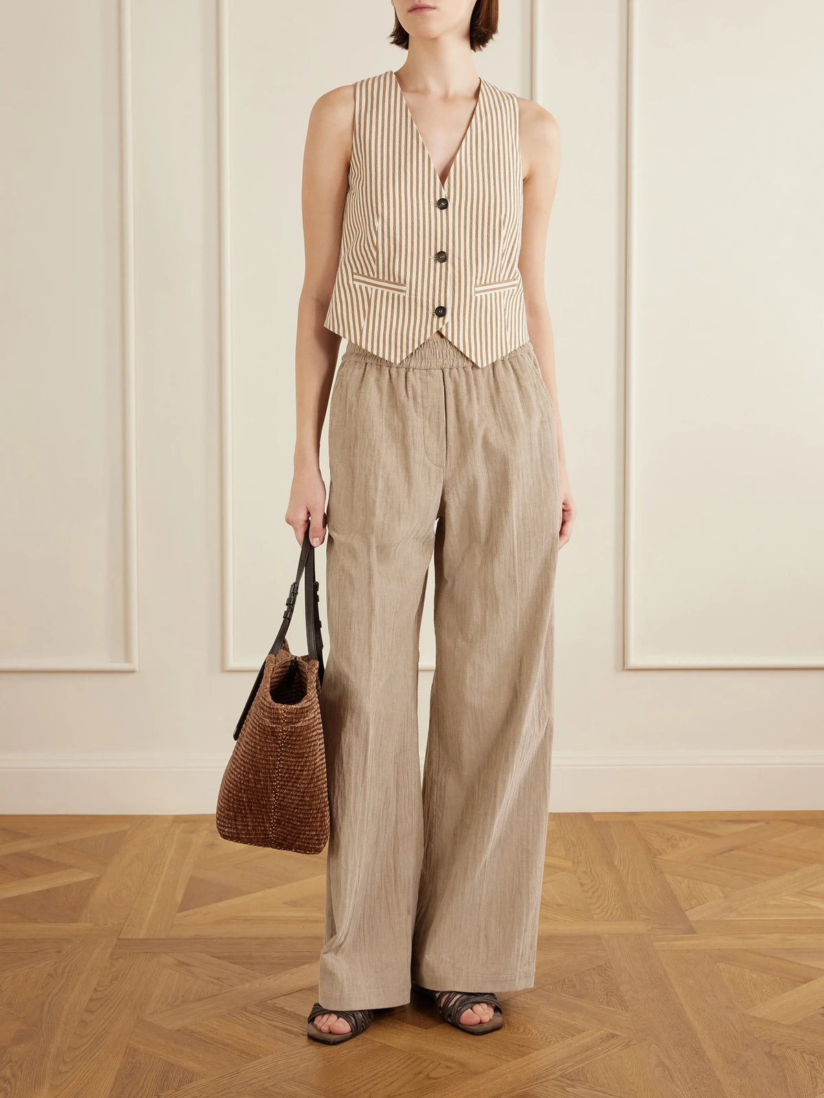 Leather-trimmed Raffia Tote