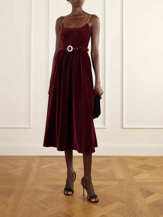 Image of Dresses. Product name - Arden Belted Pleated Crystal-embellished Velvet Midi Dress in Burgundy colour by brand - Borgo de Nor
