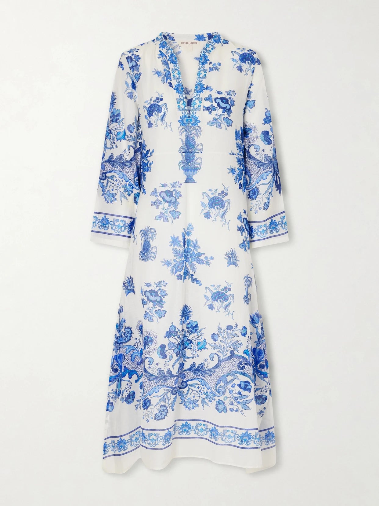Image of Dresses. Product name - Giada Floral-print Cotton-voile Kaftan in Blue colour by brand - Emporio Sirenuse