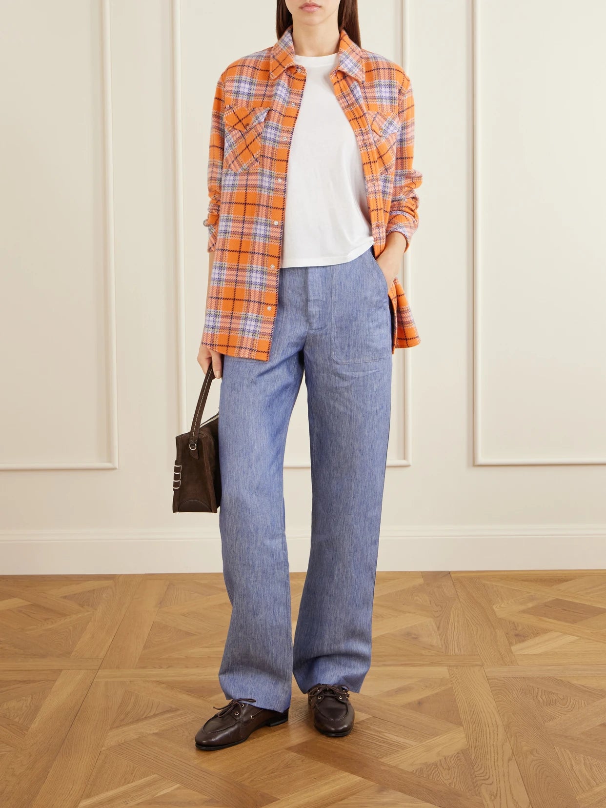 Image of a model wearing Tops. Product name - Midnight Sun Checked Cashmere Shirt in Orange colour by brand - God's True Cashmere