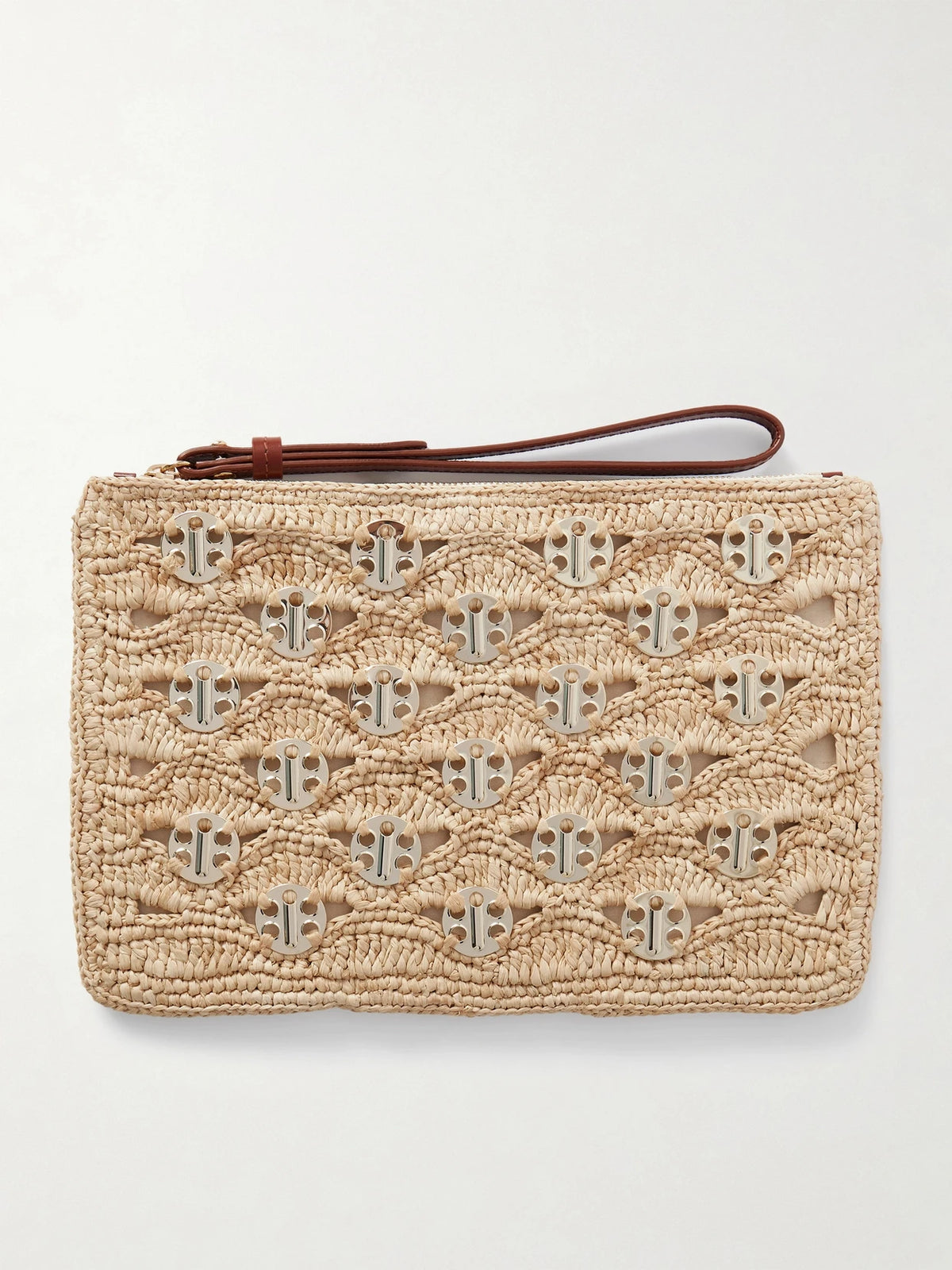 Leather-trimmed Chainmail-embellished Raffia Pouch