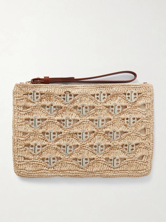 Leather-trimmed Chainmail-embellished Raffia Pouch