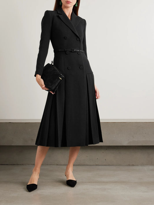 Image of Dresses. Product name - Chaney Belted Pleated Double-breasted Wool-crepe Midi Dress in Black colour by brand - Emilia Wickstead