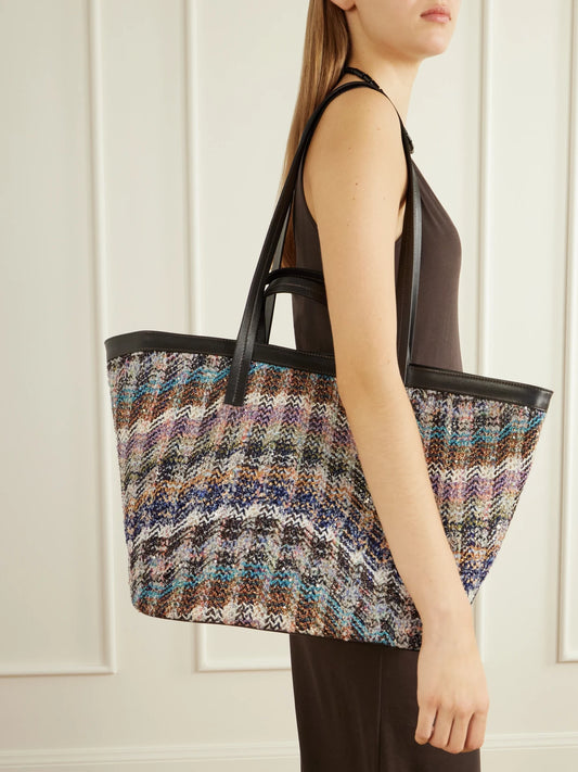 Image of Bags. Product name - Trapezoid Medium Leather-trimmed Metallic Crochet-knit Tote in Multi colour by brand - Missoni