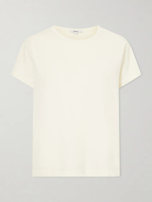 Image of a model wearing Tops. Product name - Adine Long Cotton-jersey T-shirt in Pastel yellow colour by brand - AGOLDE