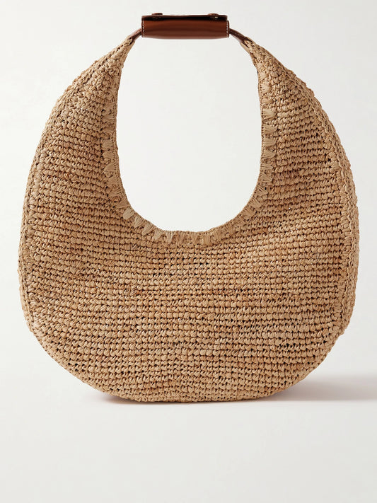 Moon Large Leather-trimmed Raffia Tote