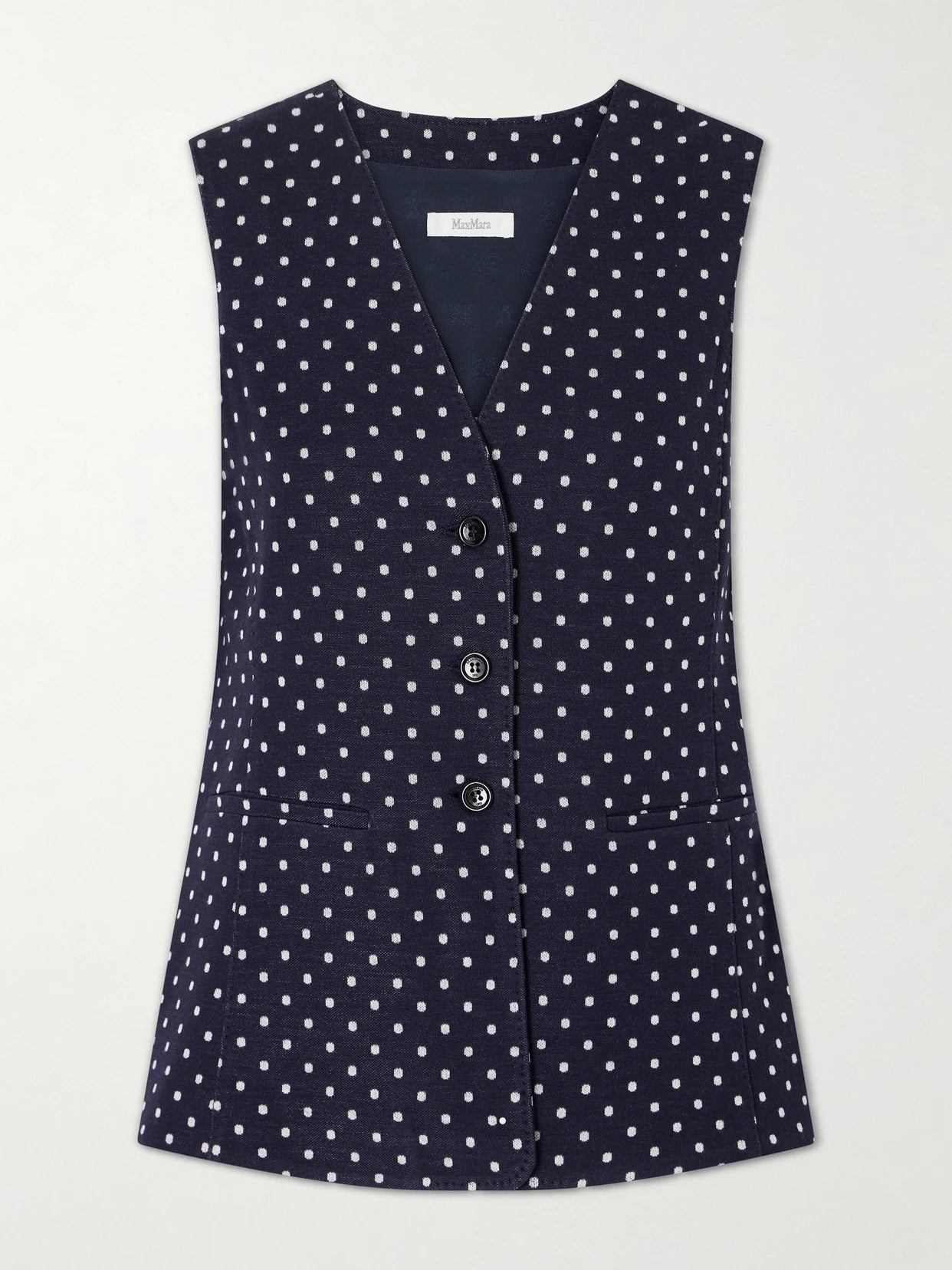 Image of a model wearing Outerwear. Product name - Polka-dot Woven Waistcoat in Navy colour by brand - Max Mara