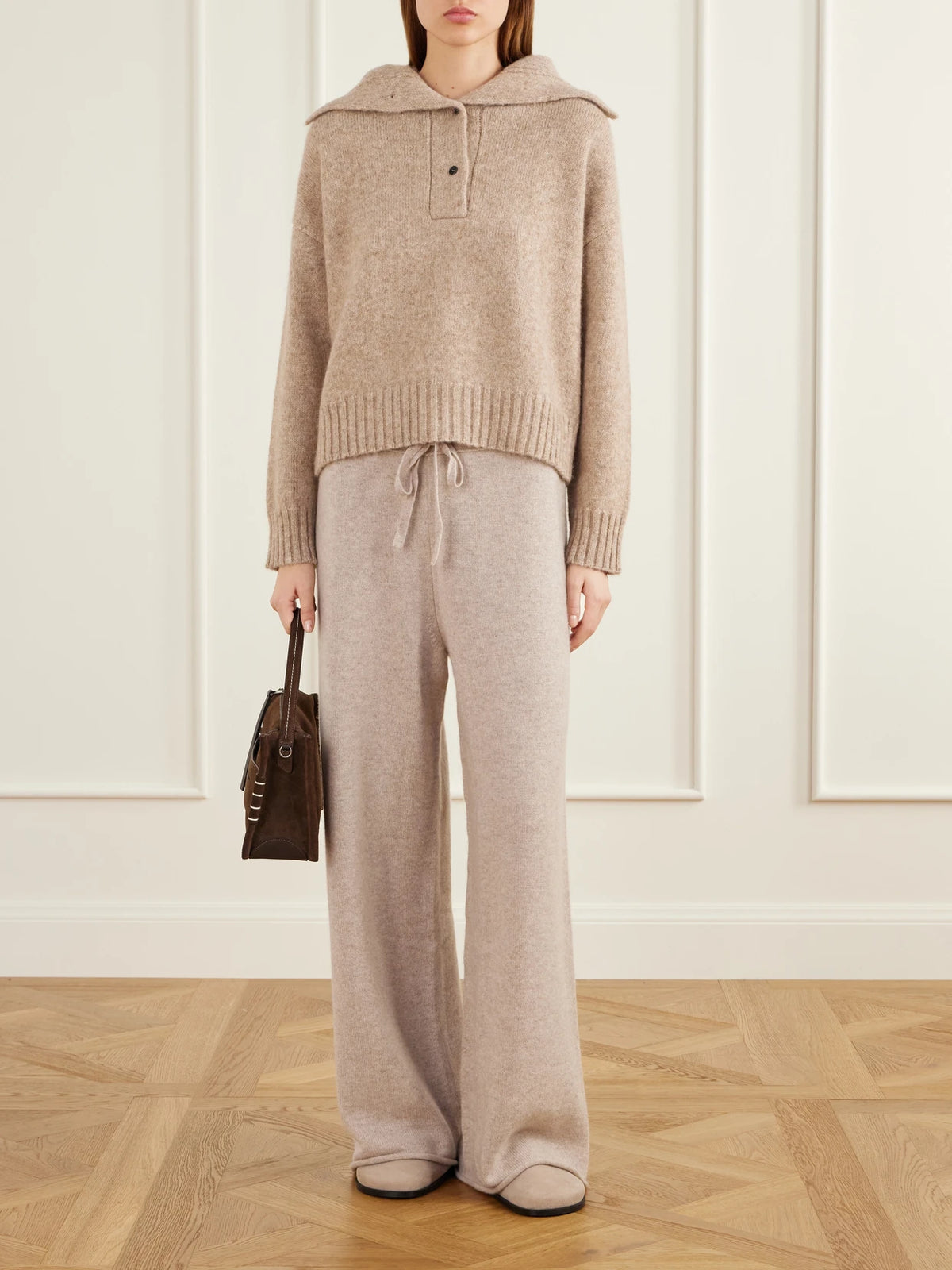 Image of Sleepwear & Loungewear. Product name - Drawstring Cashmere Wide-leg Pants in Beige colour by brand - James Perse