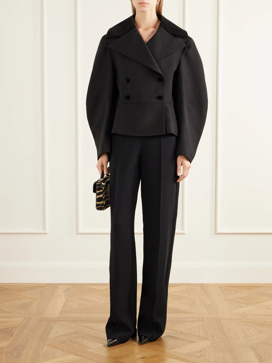 Image of Coats & Jackets. Product name - Jiani Double-breatsted Velvet-trimmed Wool-crepe Jacket in Black colour by brand - LIBEROWE