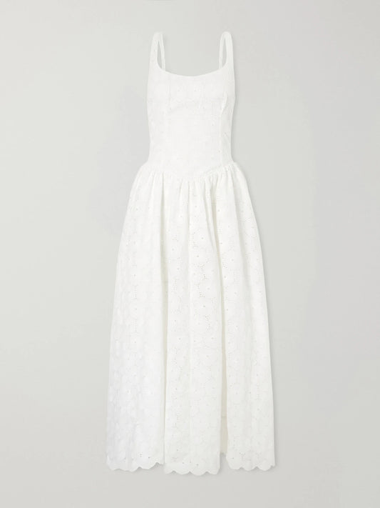 Image of Dresses. Product name - Milana Broderie Anglaise Midi Dress in White colour by brand - Faithfull