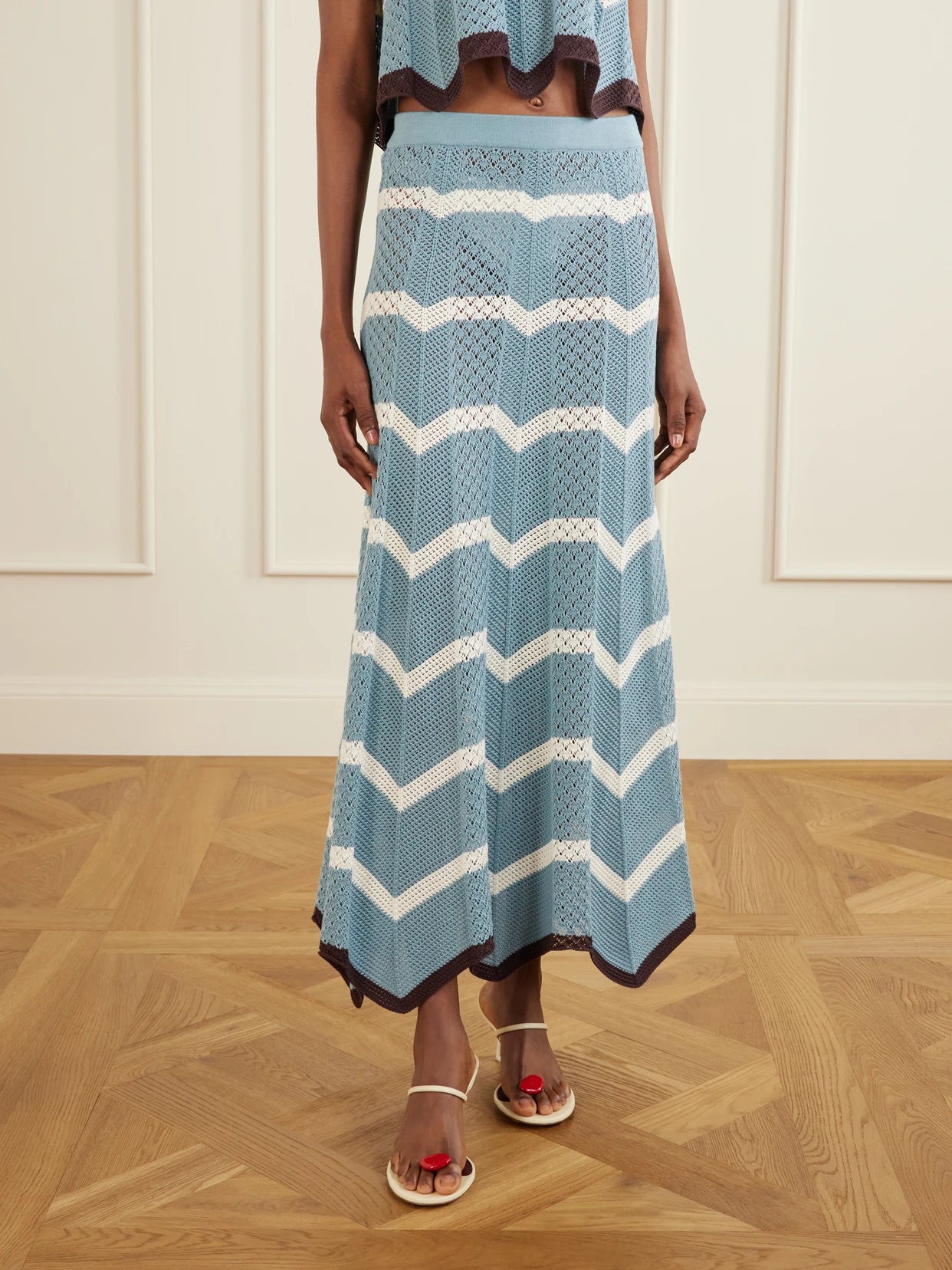 Chevron Scalloped Striped Pointelle-knit Cotton Maxi Skirt