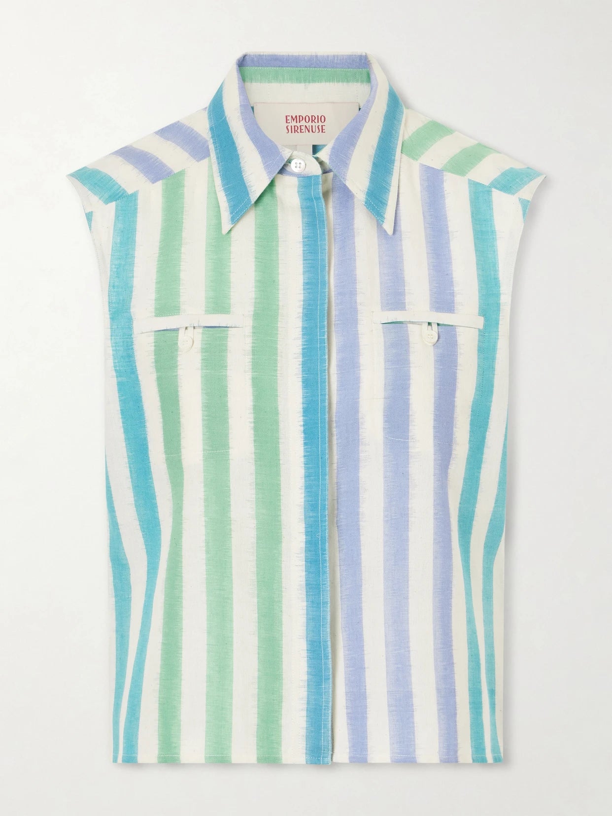 Image of a model wearing Tops. Product name - Ylenia Ikat Striped Cotton Shirt in Blue colour by brand - Emporio Sirenuse