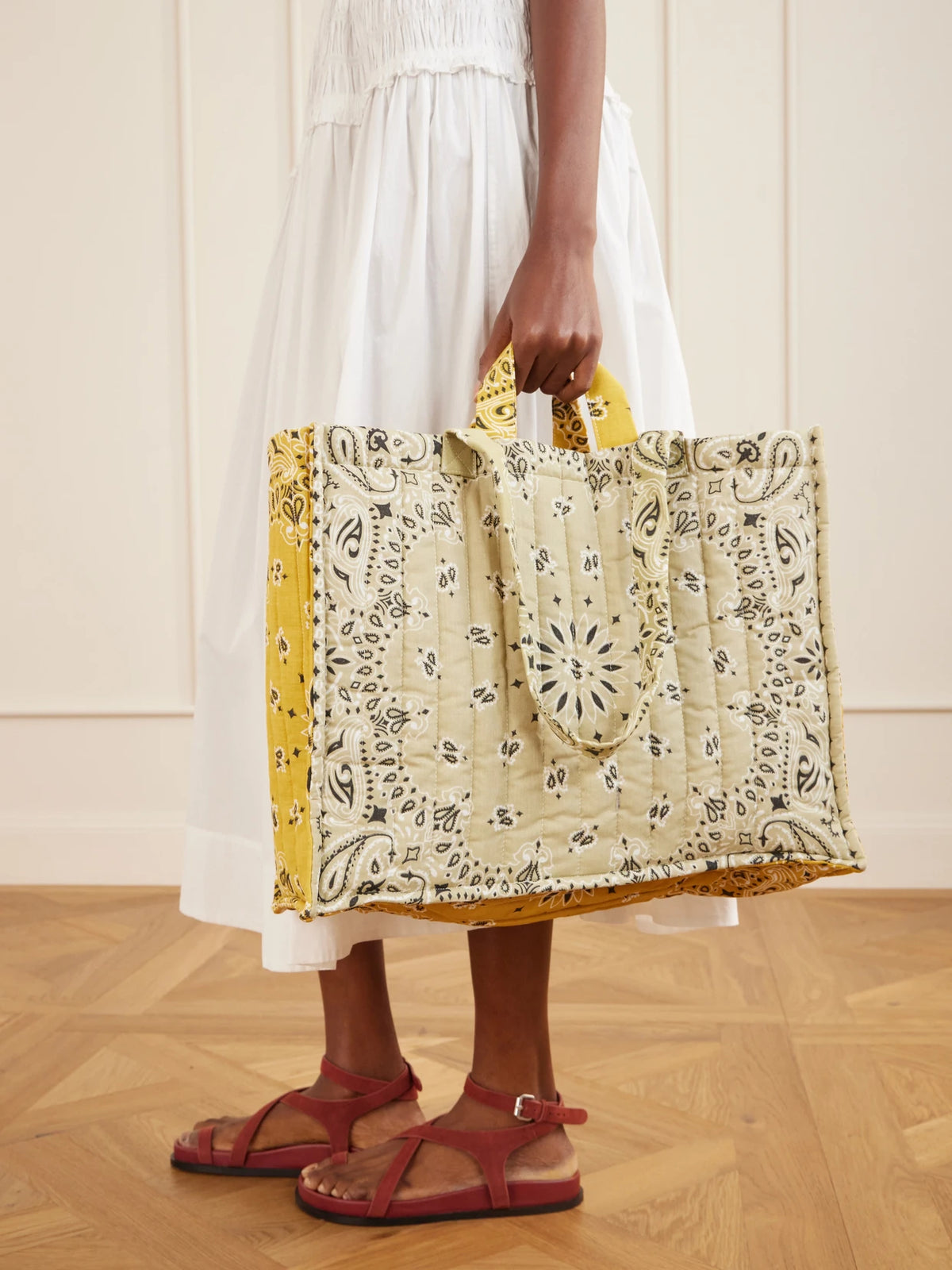Image of Bags. Product name - Maxi Cabas Quilted Bandana-print Cotton Tote in Beige colour by brand - CALL IT BY YOUR NAME