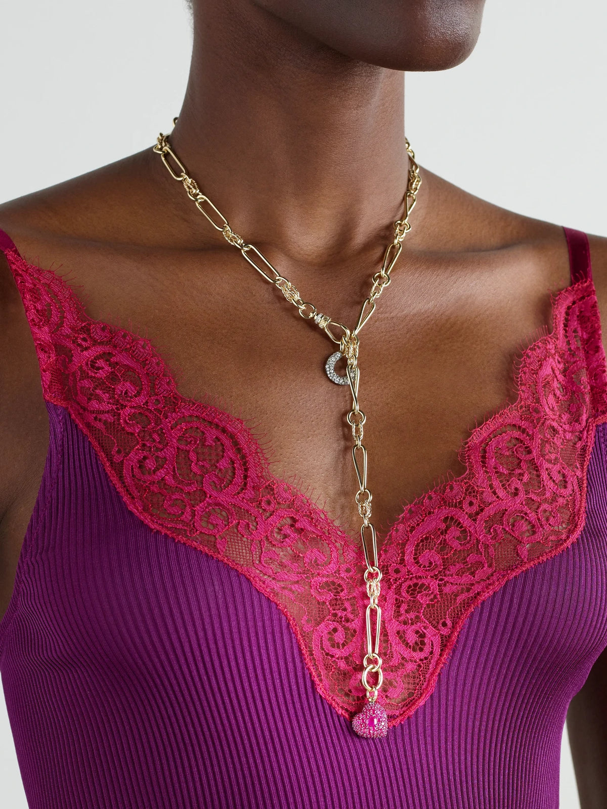 Image of Necklaces. Product name - Twisted Chain, Horseshoe And Heart Convertible 14-karat Gold, Rhodium-plated, Ruby And Diamond Necklace in Multi colour by brand - Lucy Delius