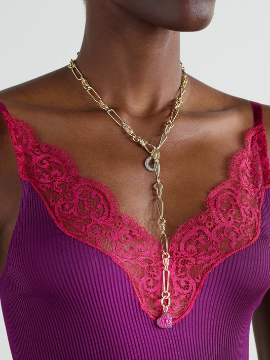 Image of Necklaces. Product name - Twisted Chain, Horseshoe And Heart Convertible 14-karat Gold, Rhodium-plated, Ruby And Diamond Necklace in Multi colour by brand - Lucy Delius