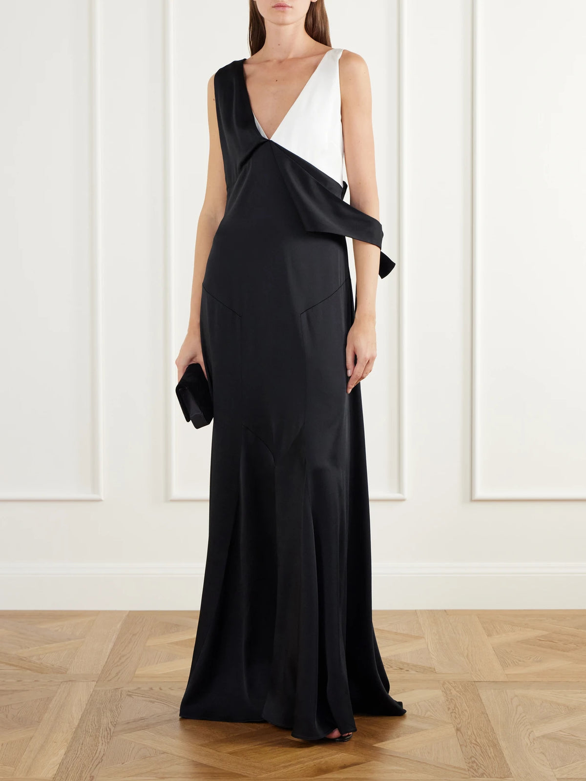 Image of Dresses. Product name - Two-tone Tie-detailed Satin Gown in Black colour by brand - Stella McCartney