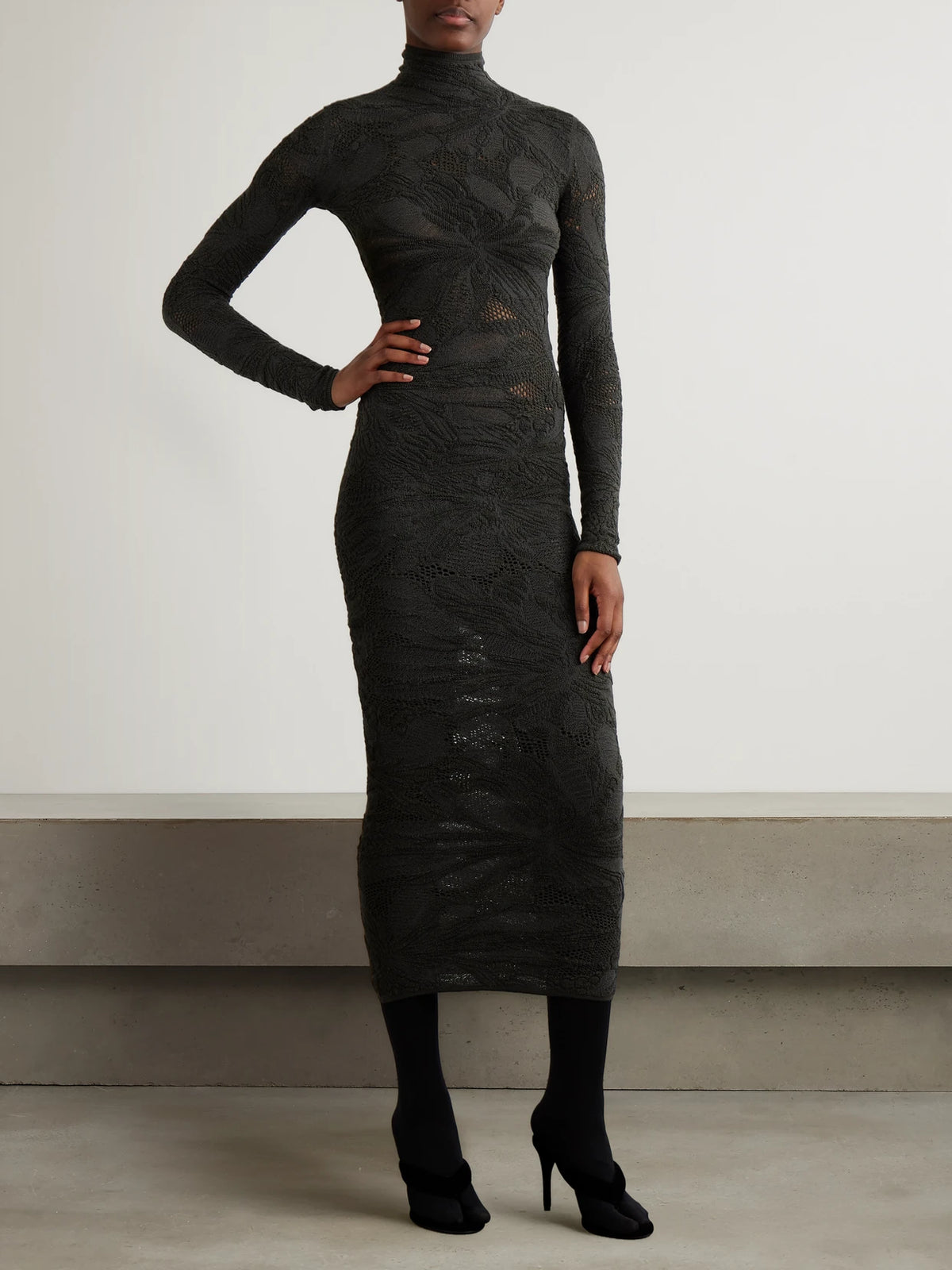 Image of Dresses. Product name - Silk-blend Jacquard-knit Midi Dress in Dark gray colour by brand - Alaïa