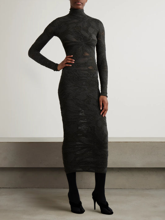 Image of Dresses. Product name - Silk-blend Jacquard-knit Midi Dress in Dark gray colour by brand - Alaïa