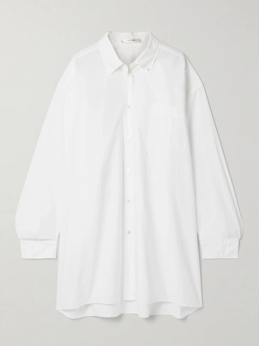 Image of a model wearing Tops. Product name - Victoria Oversized Cotton-poplin Shirt in White colour by brand - The Row