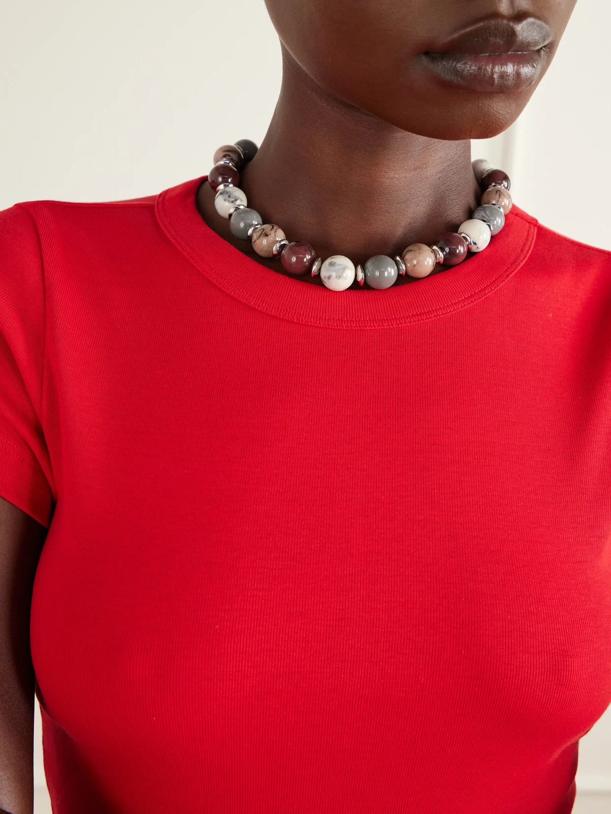 Image of Necklaces. Product name - Mavis Rhodium-pleated Beaded Necklace in Brown colour by brand - Julietta