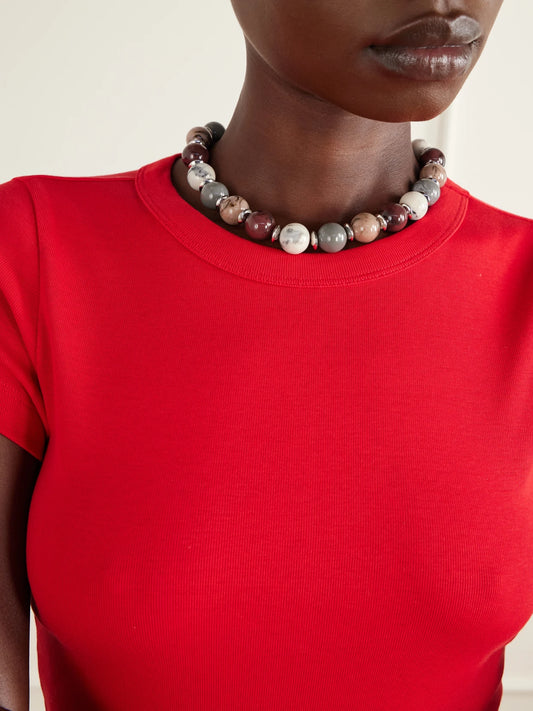 Image of Necklaces. Product name - Mavis Rhodium-pleated Beaded Necklace in Brown colour by brand - Julietta