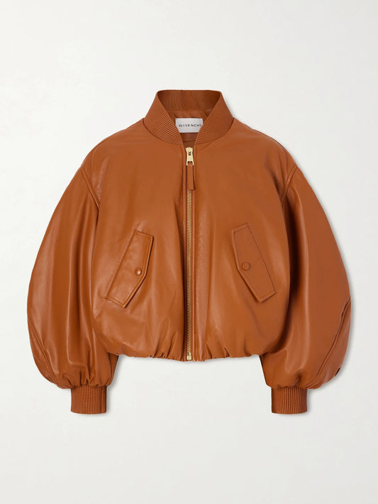 Image of Coats & Jackets. Product name - Padded Leather Bomber Jacket in Tan colour by brand - Givenchy