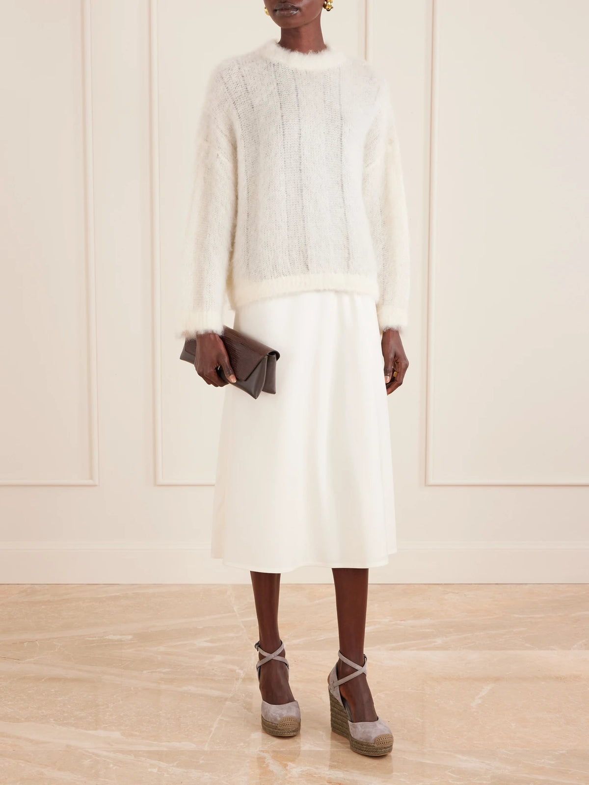 Image of Shoes. Product name - 80 Embellished Suede Platform Wedge Espadrille Sandals in Gray colour by brand - Brunello Cucinelli