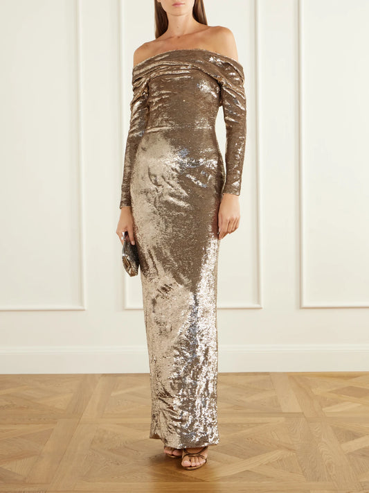 Image of Dresses. Product name - Off-the-shoulder Sequin-embellished Crepe Gown in Gold colour by brand - Marmar Halim