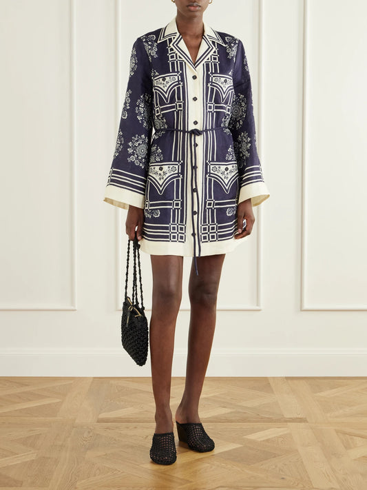 Image of Dresses. Product name - Banderra Belted Printed Linen Mini Dress in Black colour by brand - ALÉMAIS