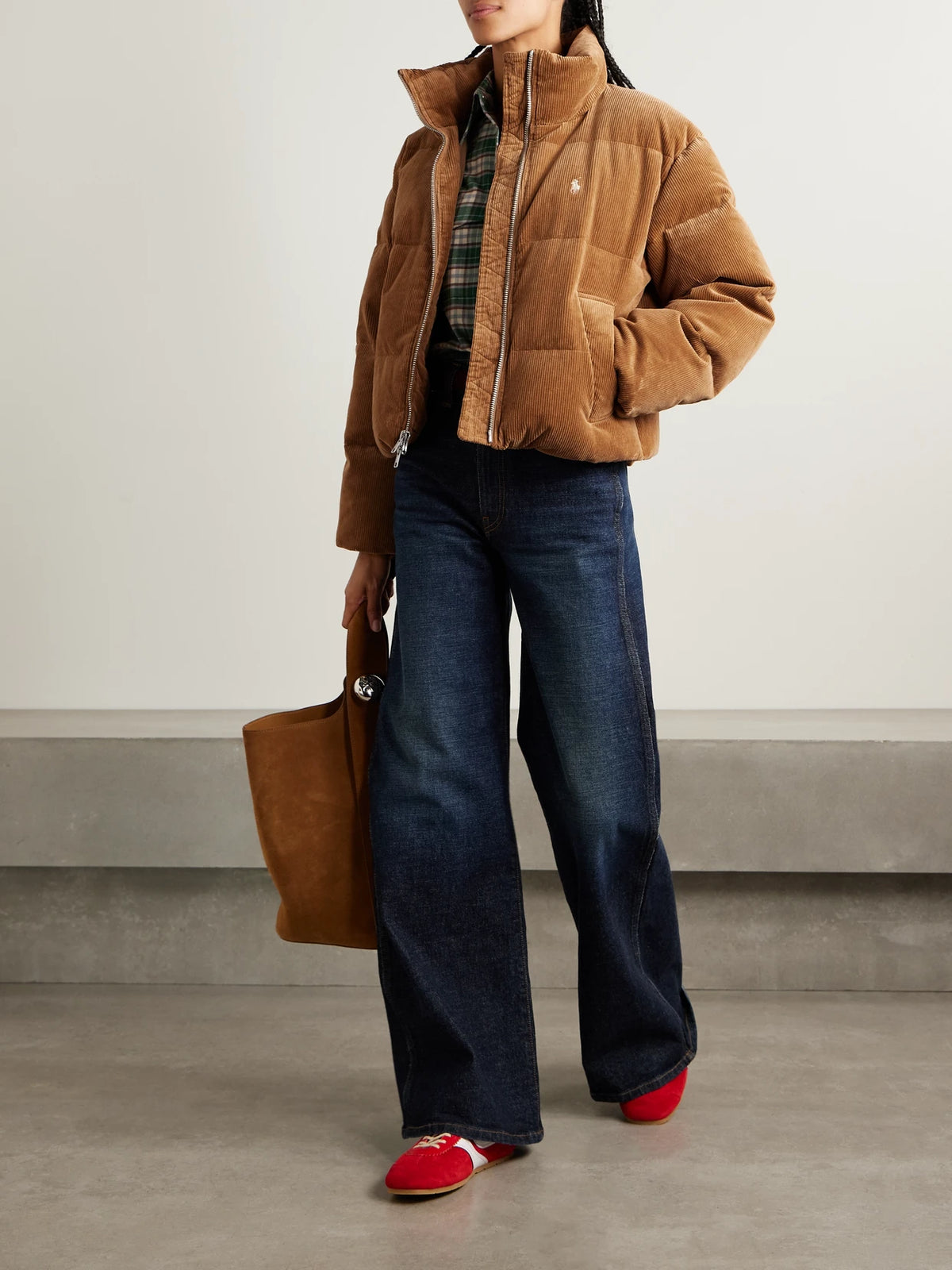 Image of Coats & Jackets. Product name - Embroidered Quilted Cotton-blend Corduroy Down Jacket in Tan colour by brand - Polo Ralph Lauren