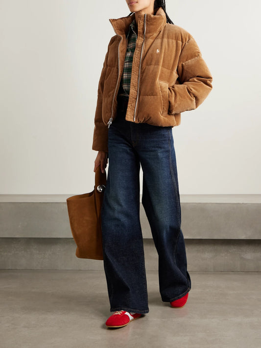 Image of Coats & Jackets. Product name - Embroidered Quilted Cotton-blend Corduroy Down Jacket in Tan colour by brand - Polo Ralph Lauren