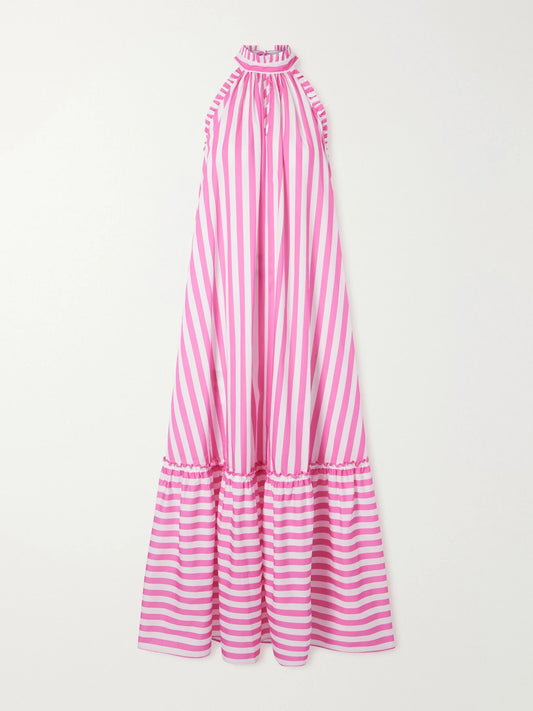 Image of Dresses. Product name - Melinda Ruched Striped Cotton-poplin Halterneck Maxi Dress in Pink colour by brand - Loretta Caponi