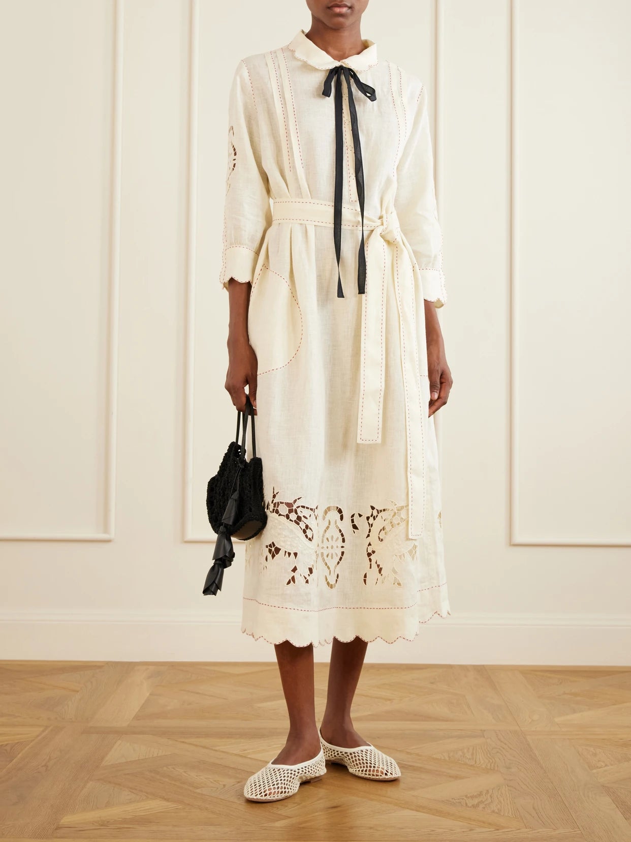 Image of Dresses. Product name - Samarkand Broderie Anglaise-trimmed Belted Linen Midi Dress in Cream colour by brand - Vita Kin