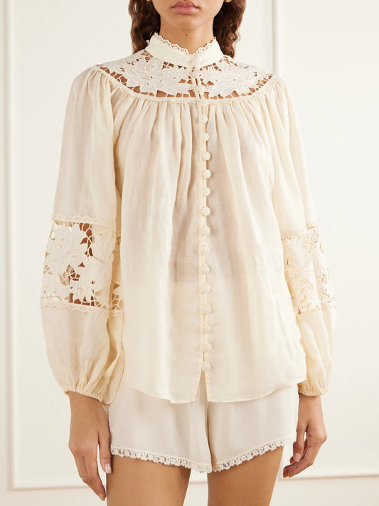 Zimmermann Echo Gathered Broderie Anglaise-trimmed Ramie-woven Blouse