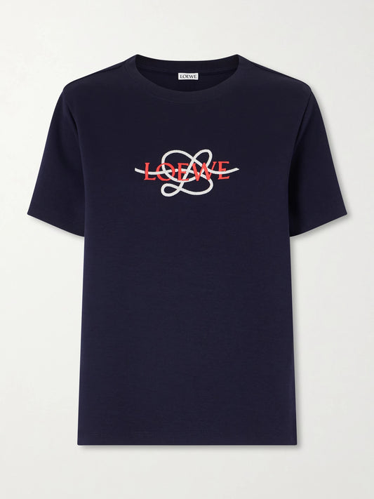 Image of a model wearing Tops. Product name - Anagram-embroidered Cotton-blend T-shirt in Navy colour by brand - LOEWE