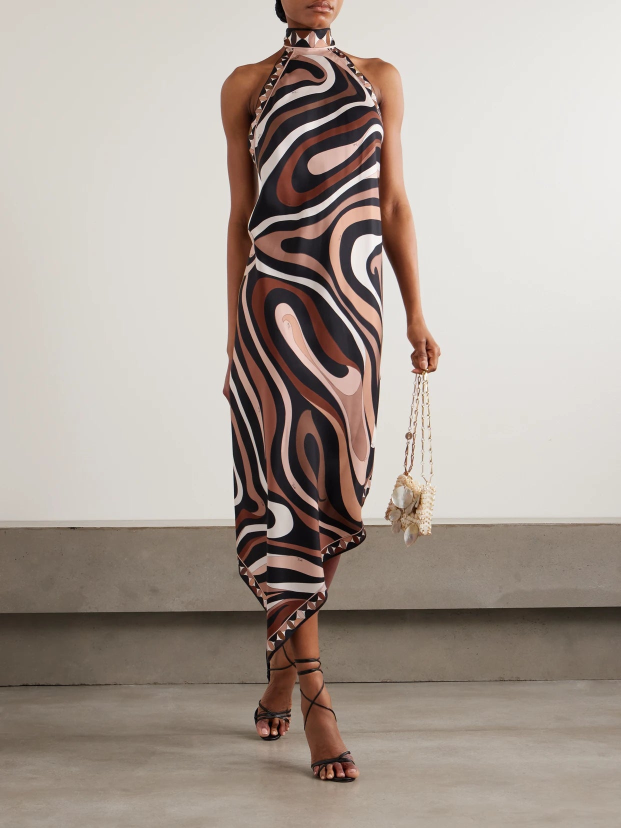 Image of Dresses. Product name - Marmo Asymmetric Printed Silk-twill Halterneck Dress in Gold colour by brand - PUCCI
