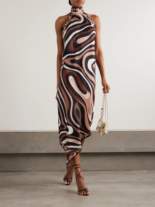 Image of Dresses. Product name - Marmo Asymmetric Printed Silk-twill Halterneck Dress in Gold colour by brand - PUCCI