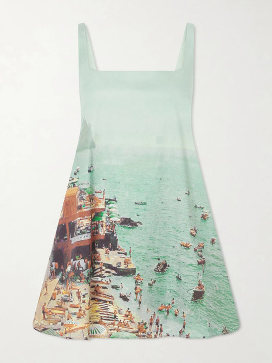 Image of Dresses. Product name - Brio Printed Cotton-blend Poplin Mini Dress in Turquoise colour by brand - STAUD