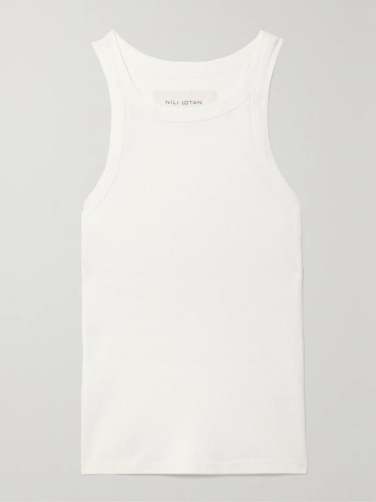 Image of a model wearing Tops. Product name - Jennifer Ribbed Cotton-jersey Tank in White colour by brand - Nili Lotan