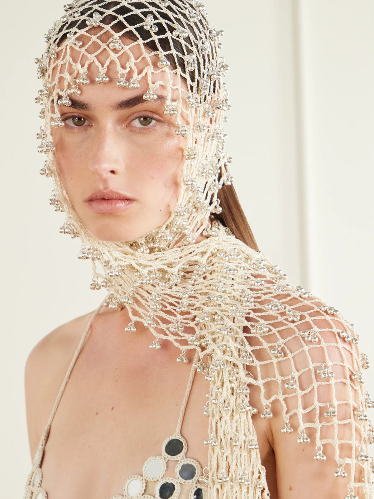 Image of Hats. Product name - Embellished Crochet-knit Cotton Scarf in Cream colour by brand - Yoshita 1967