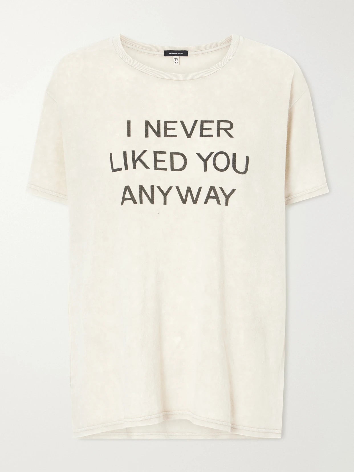 Image of a model wearing Tops. Product name - Printed Cotton And Cashmere-blend T-shirt in Off-white colour by brand - R13