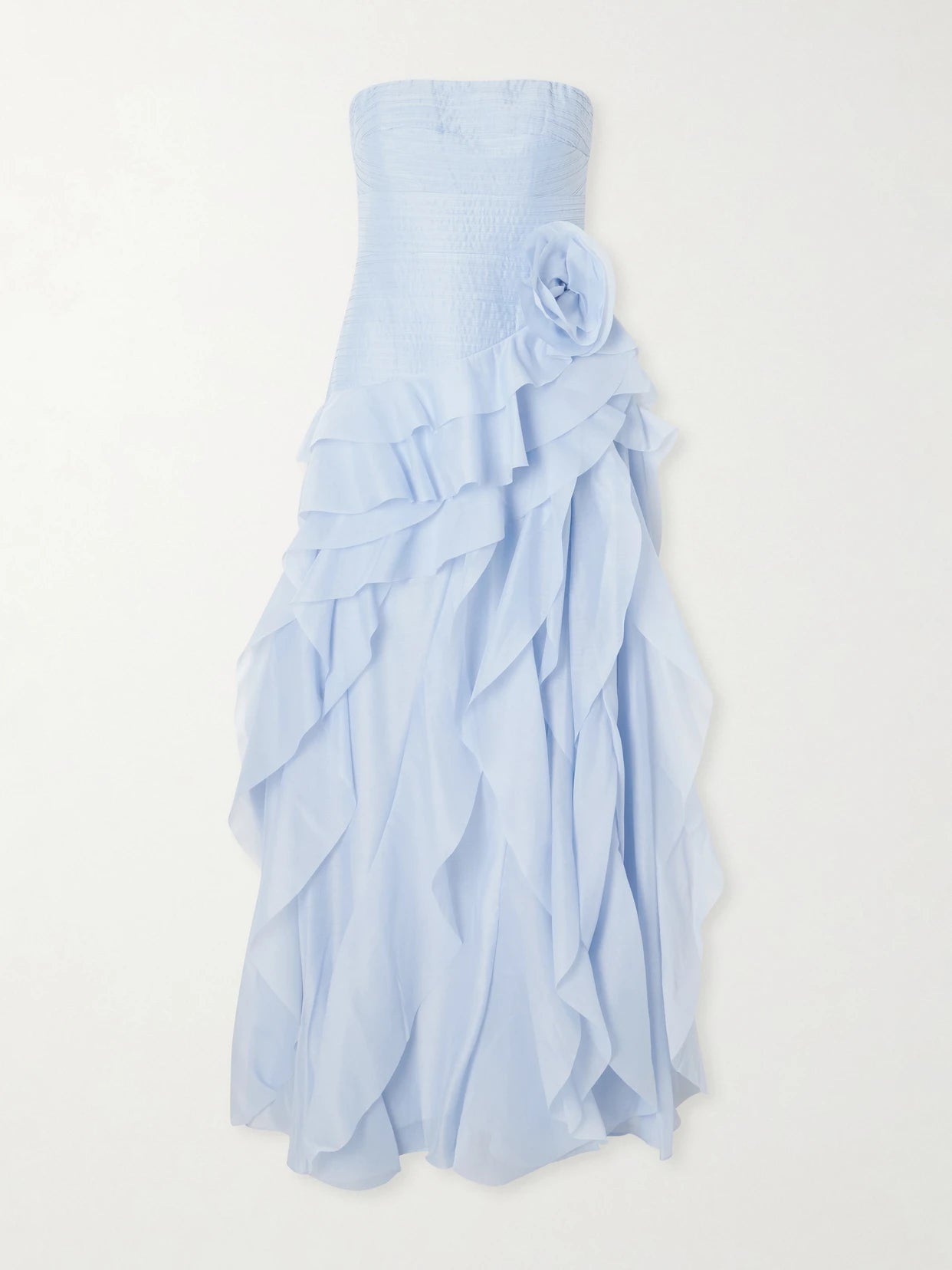 Image of Dresses. Product name - Canyon Strapless Appliquéd Ruffled Pleated Chiffon Gown in Blue colour by brand - Aje