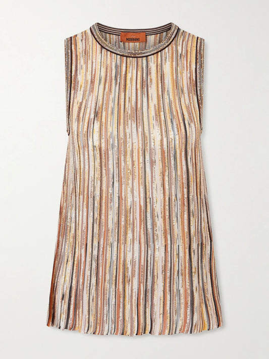 Image of a model wearing Tops. Product name - Mare Sequined Metallic Striped Crochet-knit Tank in Brown colour by brand - Missoni