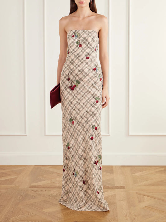 Image of Dresses. Product name - Luna Bead-embellished Checked Wool-jacquard Bustier Gown in Cream colour by brand - BERNADETTE