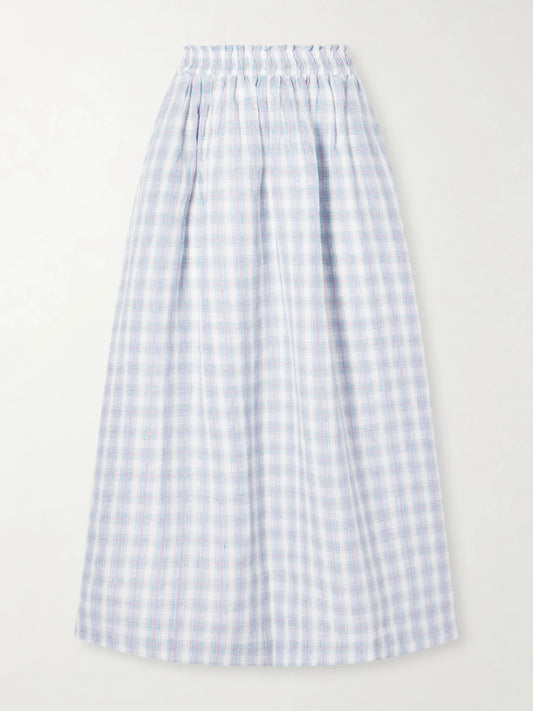Pleated Checked Linen Midi Skirt