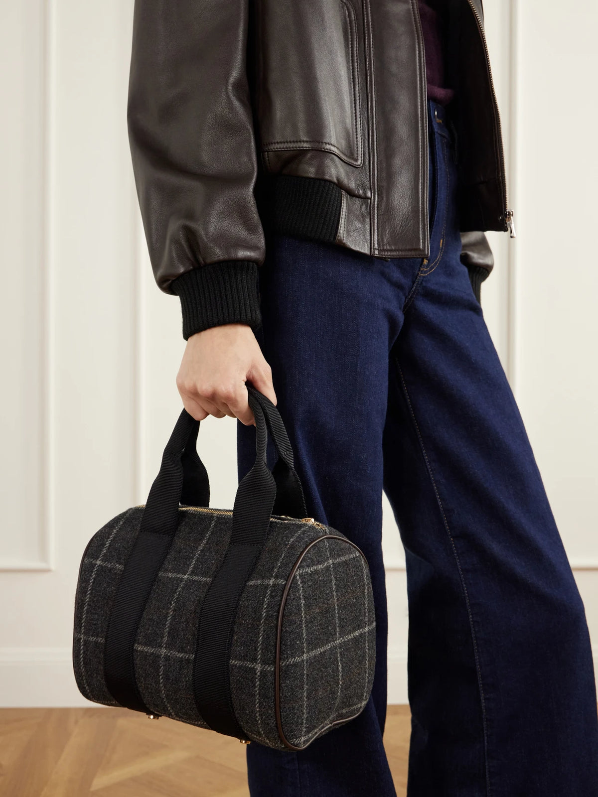 Image of Bags. Product name - Périple Checked Webbing And Leather-trimmed Wool-tweed Tote in Gray green colour by brand - RUE de VERNEUIL