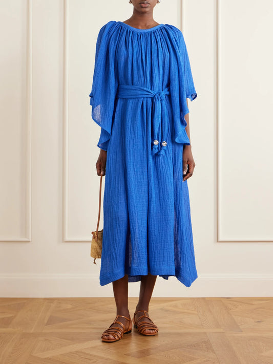 Image of Dresses. Product name - Embellished Belted Crinkled Linen-blend Gauze Midi Dress in Blue colour by brand - Lisa Marie Fernandez